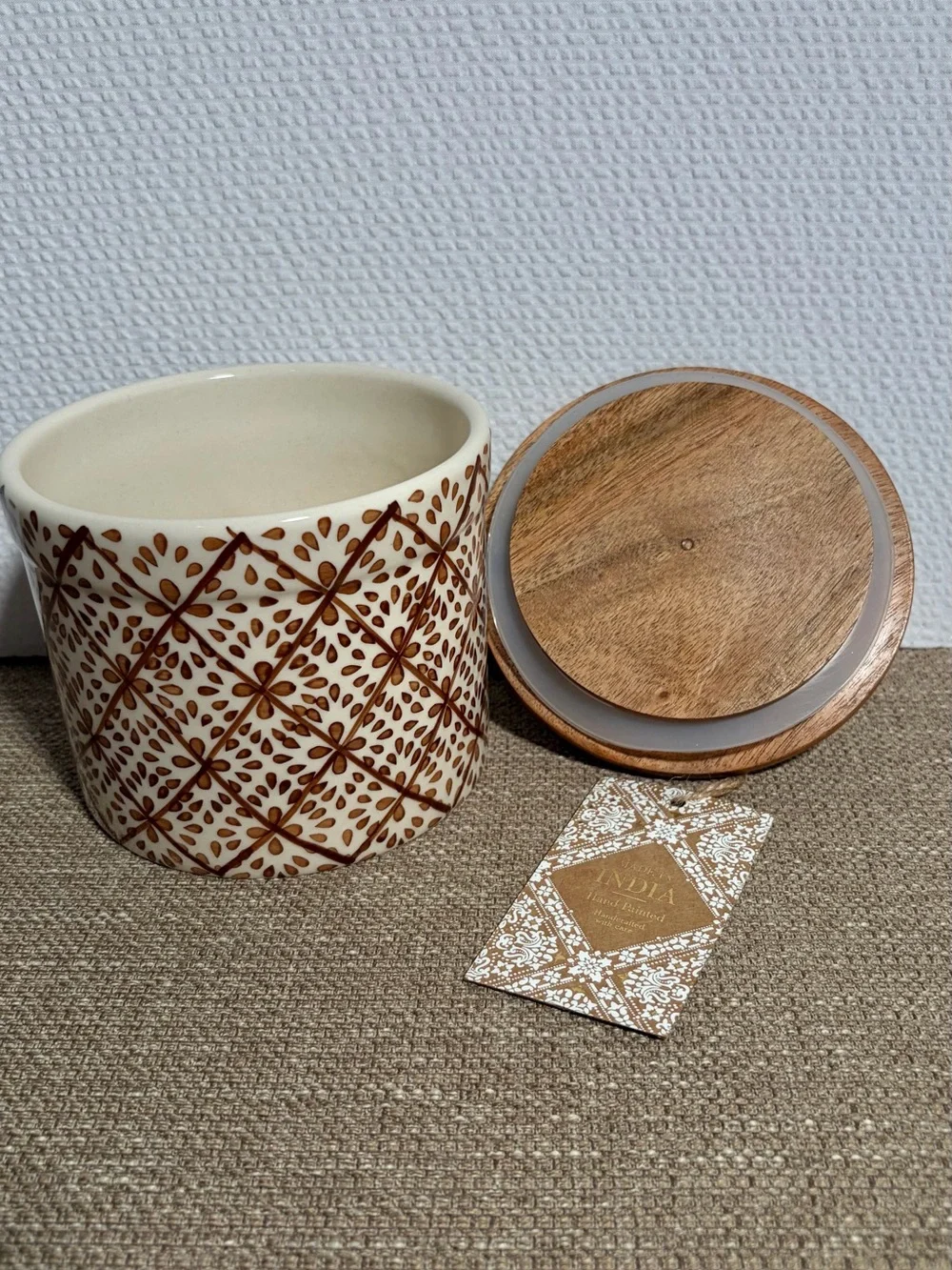 Ceramic Jar with Wood Lid - Hand-Painted Brown & Cream - Picture 6 of 8